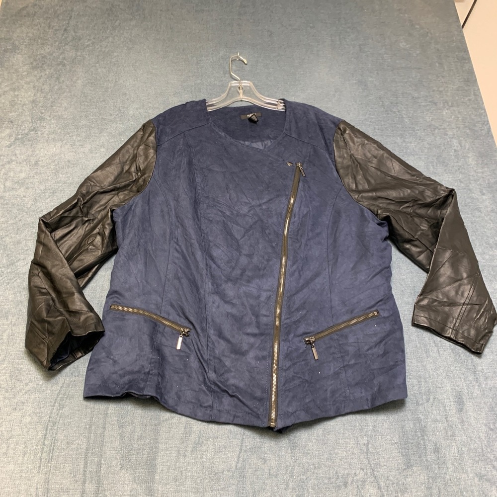 Alfani Faux Suede Jacket Womens 3X Navy Blue Black Asymmetrical Full Zip Outdoor